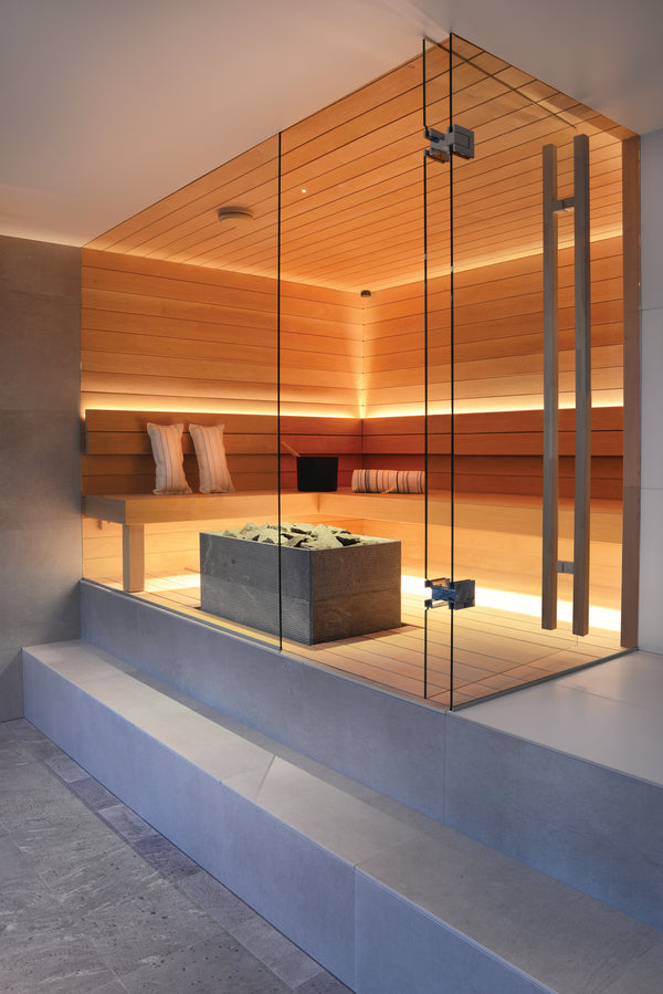 Square Ribbed Soapstone Cladded Electric Sauna Heater Tulikivi Tuisku XL S2 Integrated Into Sauna