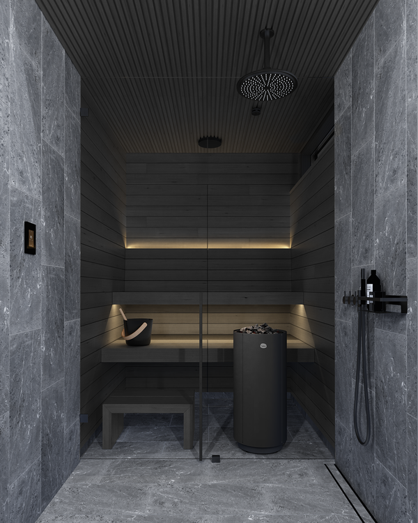 Round Electric Sauna Heater Tulikivi Usva Black Inside Sauna, Front