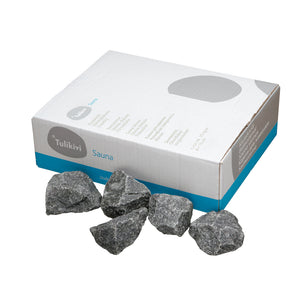 A box of gray sauna stones with a label indicating they are suitable for sauna heaters.