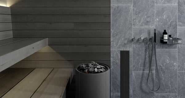 Round Electric Sauna Heater Tulikivi Usva Black Inside Sauna, Lateral