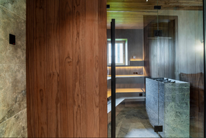 Square Brushed Soapstone Cladded Electric Sauna Heater Tulikivi Tuisku XL S1 In Sauna