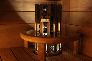 Wine rack with bottles inside a wooden sauna