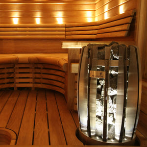 Wooden sauna interior with a modern light fixture.