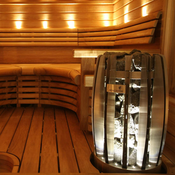 Wooden sauna interior with a modern light fixture.