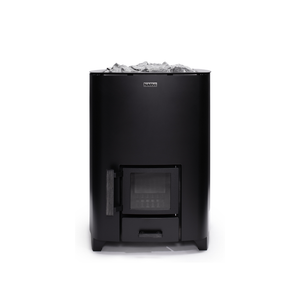 Narvi NC Wood Burning Sauna Heater filled with grey sauna stones on a white background