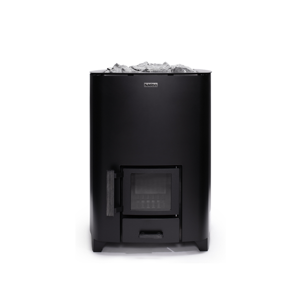 Narvi NC Wood Burning Sauna Heater filled with grey sauna stones on a white background