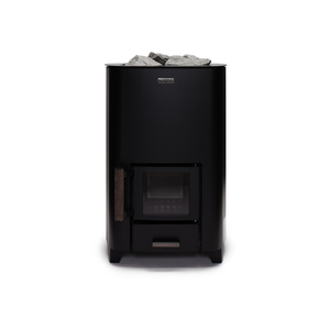 Narvi NC Wood Burning Sauna Heater filled with grey sauna stones on a white background