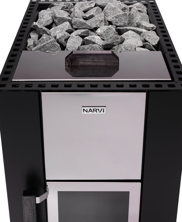 Narvi Kuru 20 WT Wood Burning Sauna Heater with grey sauna stones on a white background