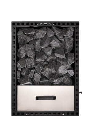 Narvi Kuru 20 WT Wood Burning Sauna Heater with grey sauna stones on a white background