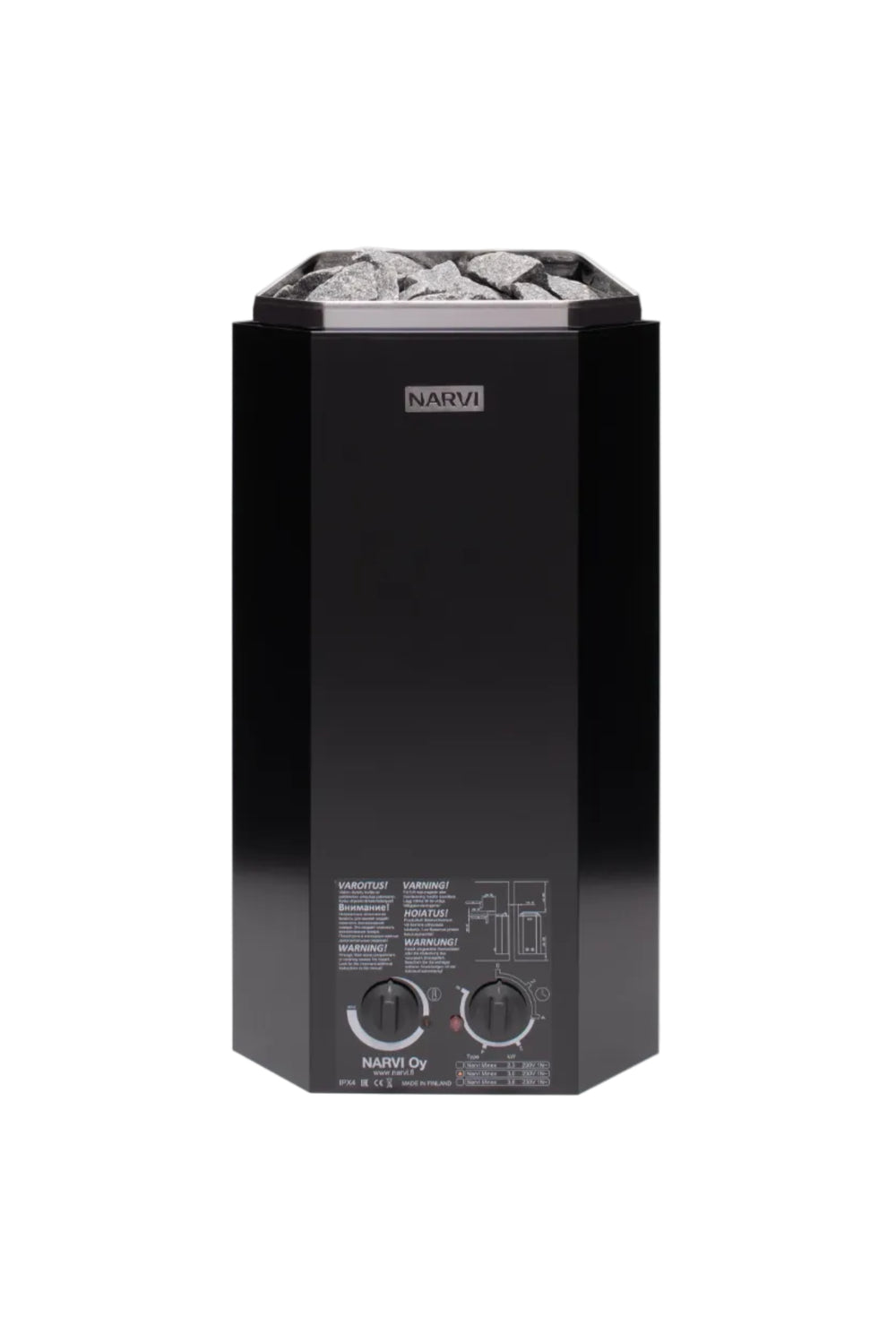 Black sauna heater with 'Narvi' branding on a white background