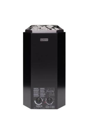 Black sauna heater with 'Narvi' branding on a white background