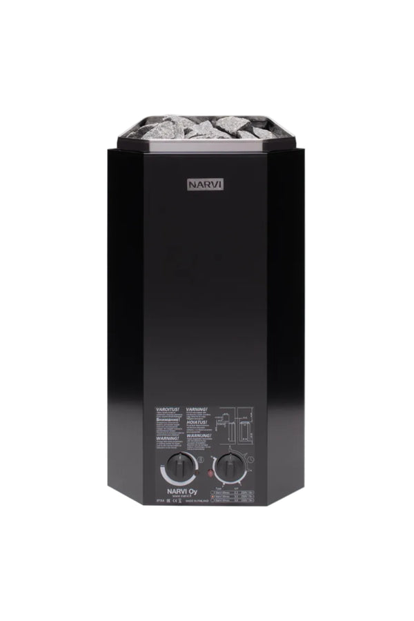 Black sauna heater with 'Narvi' branding on a white background
