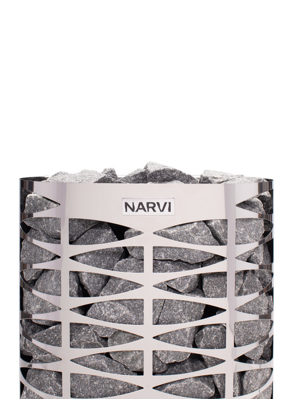 Narvi stainless electric sauna heater with geometric design on a white background
