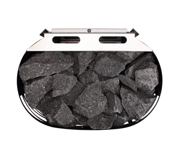 Narvi black electric sauna heater with geometric design on a white background