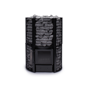 Narvi Inari Plus Wood Burning Sauna Heater filled with grey sauna stones on a white background