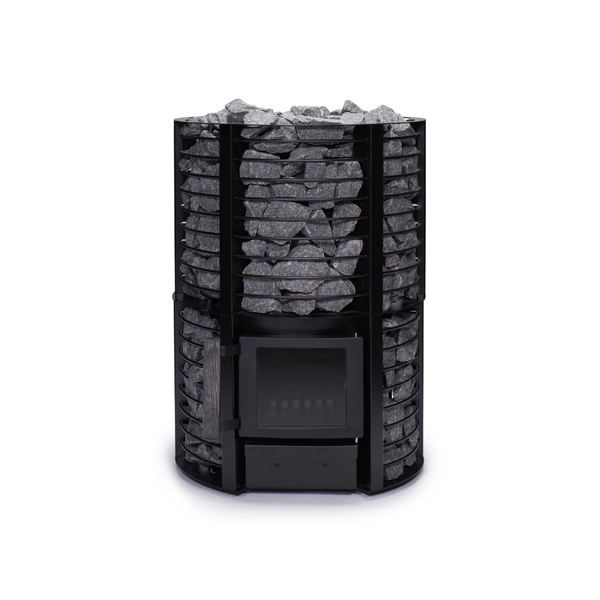 Narvi Inari Plus Wood Burning Sauna Heater filled with grey sauna stones on a white background