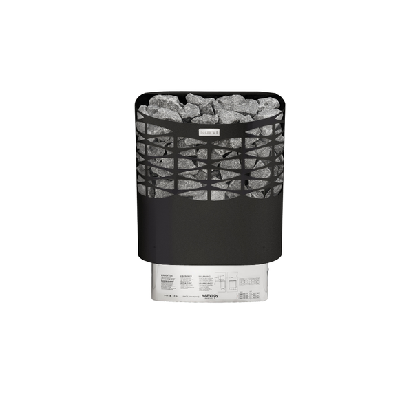 Narvi black electric sauna heater filled with grey sauna stones on a white background