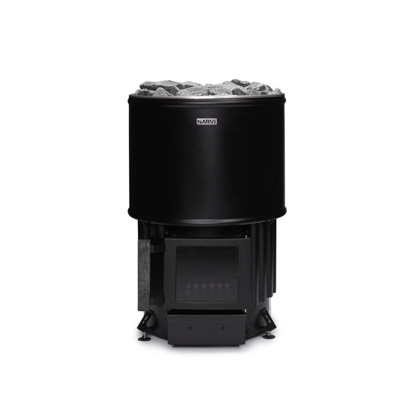 Narvi Luosto Wood Burning Sauna Heater with grey sauna stones on a white background  
