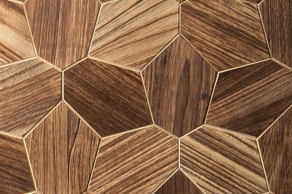 Hexagonal wooden tiles with a brown and beige pattern