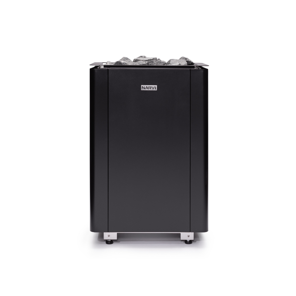 Narvi Ultra Small Black Electric Sauna Heater filled with grey sauna stones on a white background  