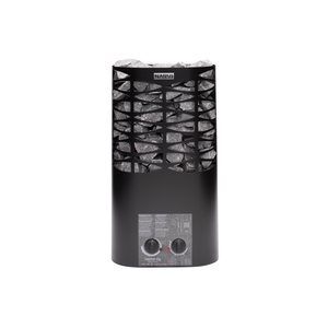 Narvi black electric sauna heater with geometric design on a white background