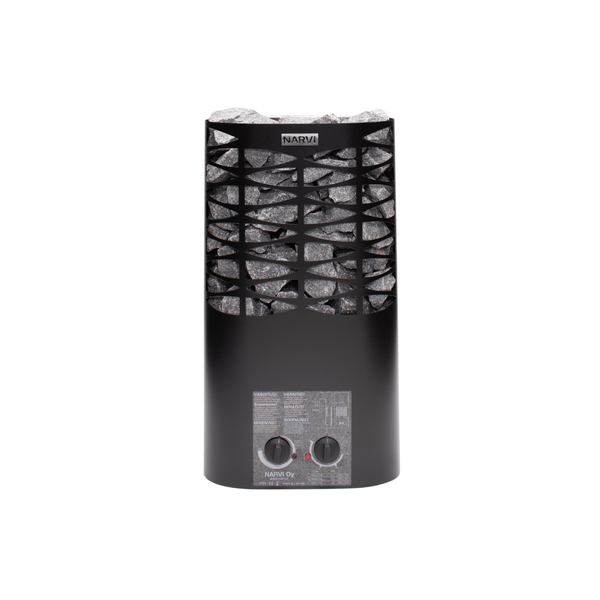 Narvi black electric sauna heater with geometric design on a white background