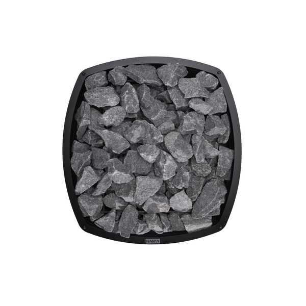 Narvi Velvet 35 Wood Burning Sauna Heater filled with grey sauna stones on a white background