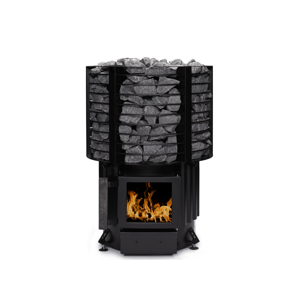 Narvi Inari Wood Burning Sauna Heater filled with grey sauna stones on a white background  