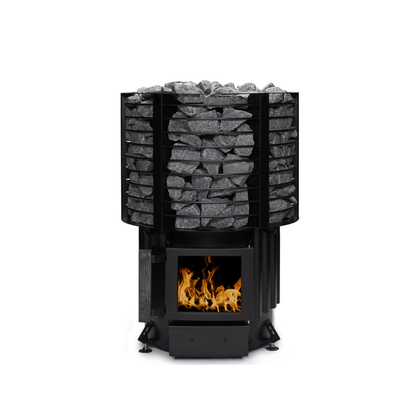 Narvi Inari Wood Burning Sauna Heater filled with grey sauna stones on a white background  