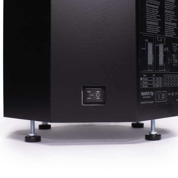 Narvi Smooth Black Electric Sauna Heater with grey sauna stones on a white background