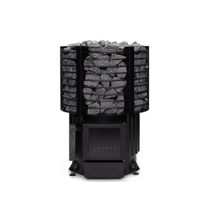 Narvi Inari Wood Burning Sauna Heater filled with grey sauna stones on a white background  