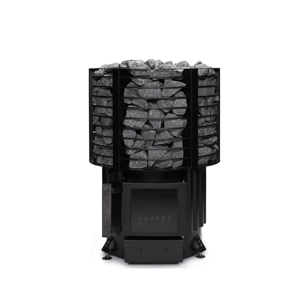 Narvi Inari Wood Burning Sauna Heater filled with grey sauna stones on a white background  