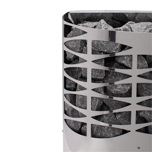 Narvi electric sauna heater filled with grey sauna stones on a white background
