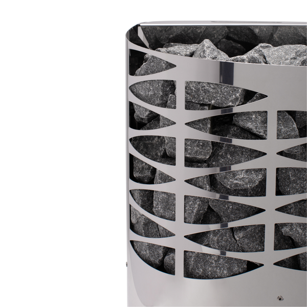 Narvi electric sauna heater filled with grey sauna stones on a white background