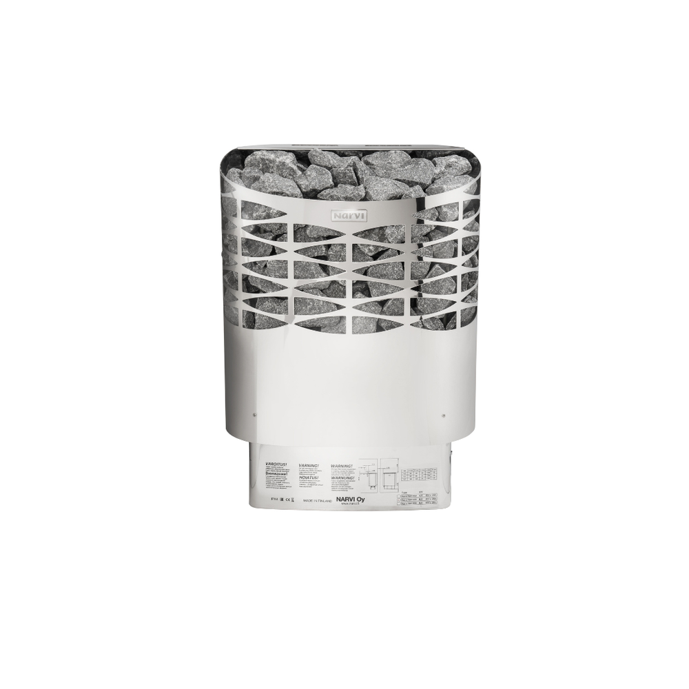 Narvi electric sauna heater filled with grey sauna stones on a white background