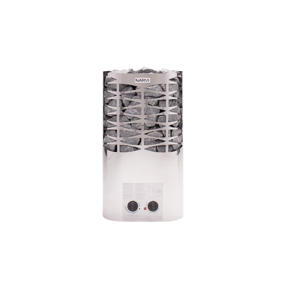Narvi stainless electric sauna heater with geometric design on a white background