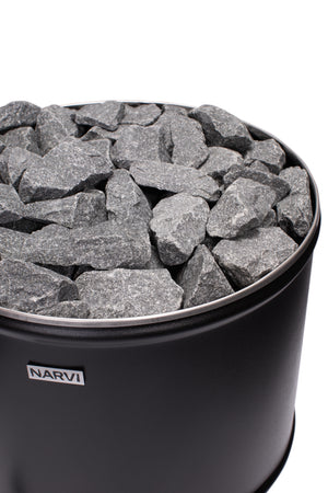 Black sauna heater filled with gray stones on a white background, featuring the Narvi brand.