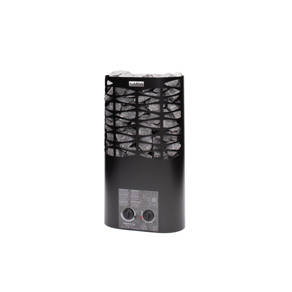 Narvi black electric sauna heater with geometric design on a white background