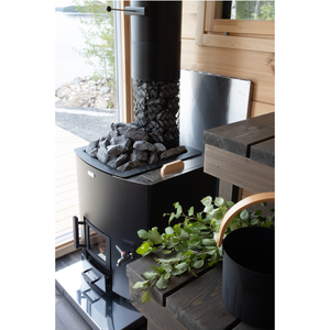 Wood-burning sauna stove in a modern interior setting with a view of nature outside.