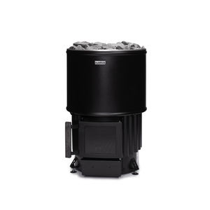 Narvi Luosto Wood Burning Sauna Heater with grey sauna stones on a white background  