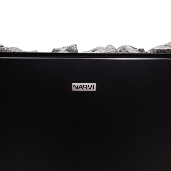 Narvi Ultra Big Black Electric Sauna Heater filled with grey sauna stones on a white background
