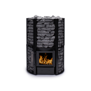 Narvi Inari Plus Wood Burning Sauna Heater filled with grey sauna stones on a white background