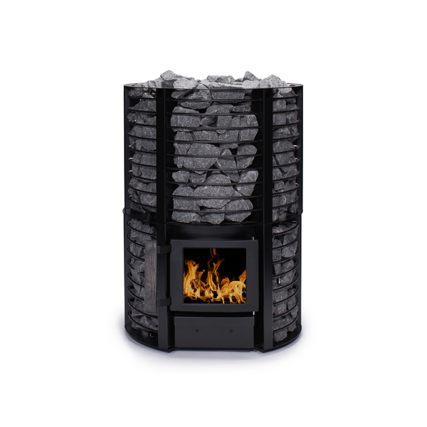 Narvi Inari Plus Wood Burning Sauna Heater filled with grey sauna stones on a white background