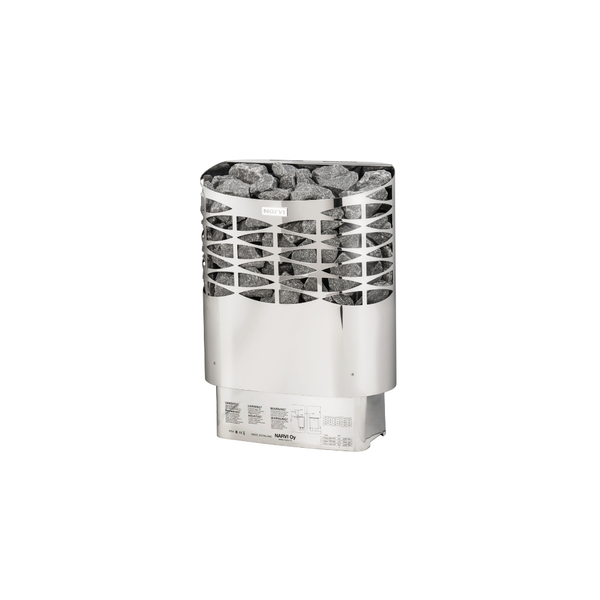 Narvi electric sauna heater filled with grey sauna stones on a white background