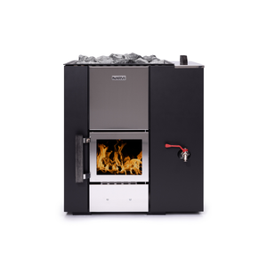 Narvi Kuru 20 WT Wood Burning Sauna Heater with grey sauna stones on a white background