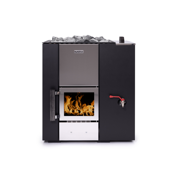 Narvi Kuru 20 WT Wood Burning Sauna Heater with grey sauna stones on a white background