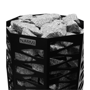 Narvi Smooth Black Electric Sauna Heater with grey sauna stones on a white background