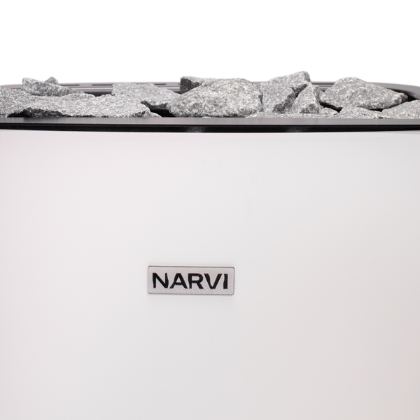 Narvi electric sauna heater filled with grey sauna stones on a white background 