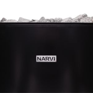Narvi electric sauna heater filled with grey sauna stones on a white background 