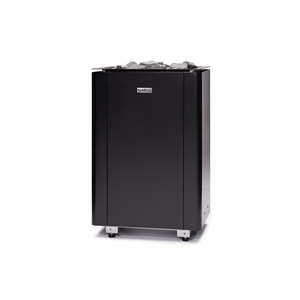 Narvi Ultra Small Black Electric Sauna Heater filled with grey sauna stones on a white background  